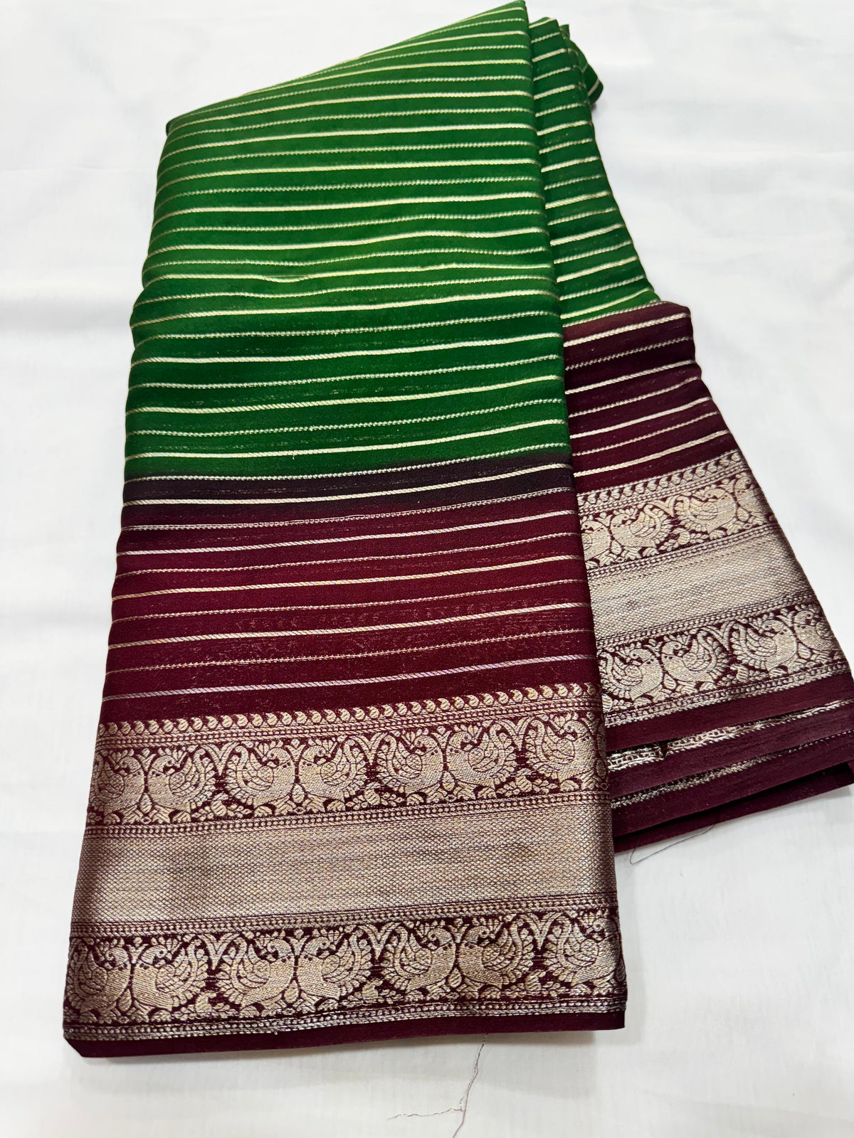 M crape Stripes with peacock design