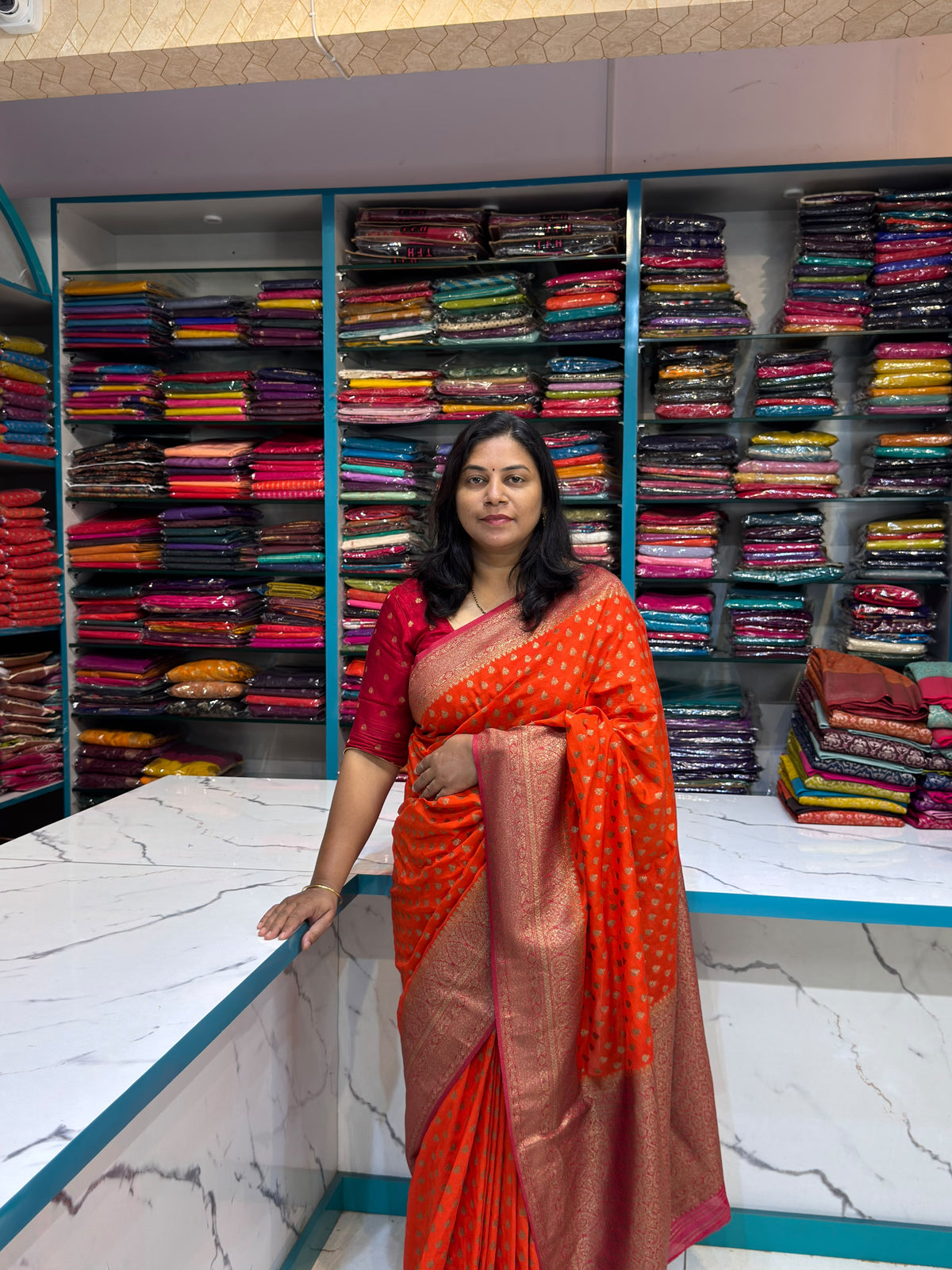 Khaddi Georgette New Design Orange with Pink Border