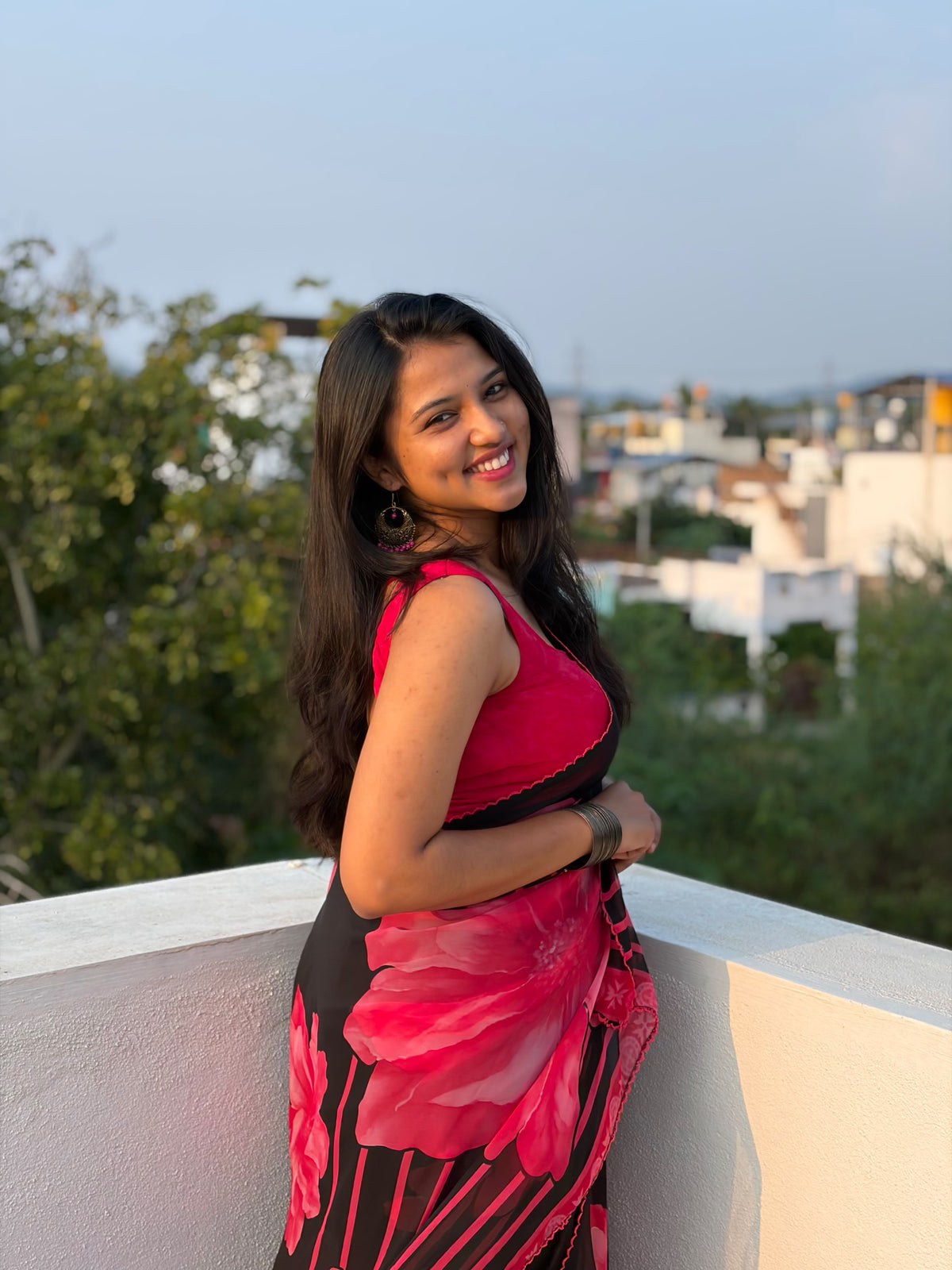 Trending Fancy Chiffon Saree with Black and Pink