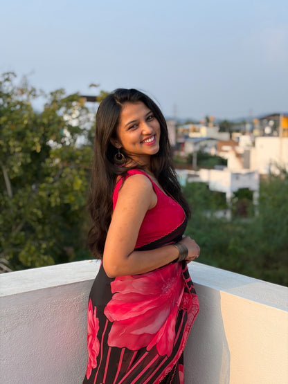 Trending Fancy Chiffon Saree with Black and Pink