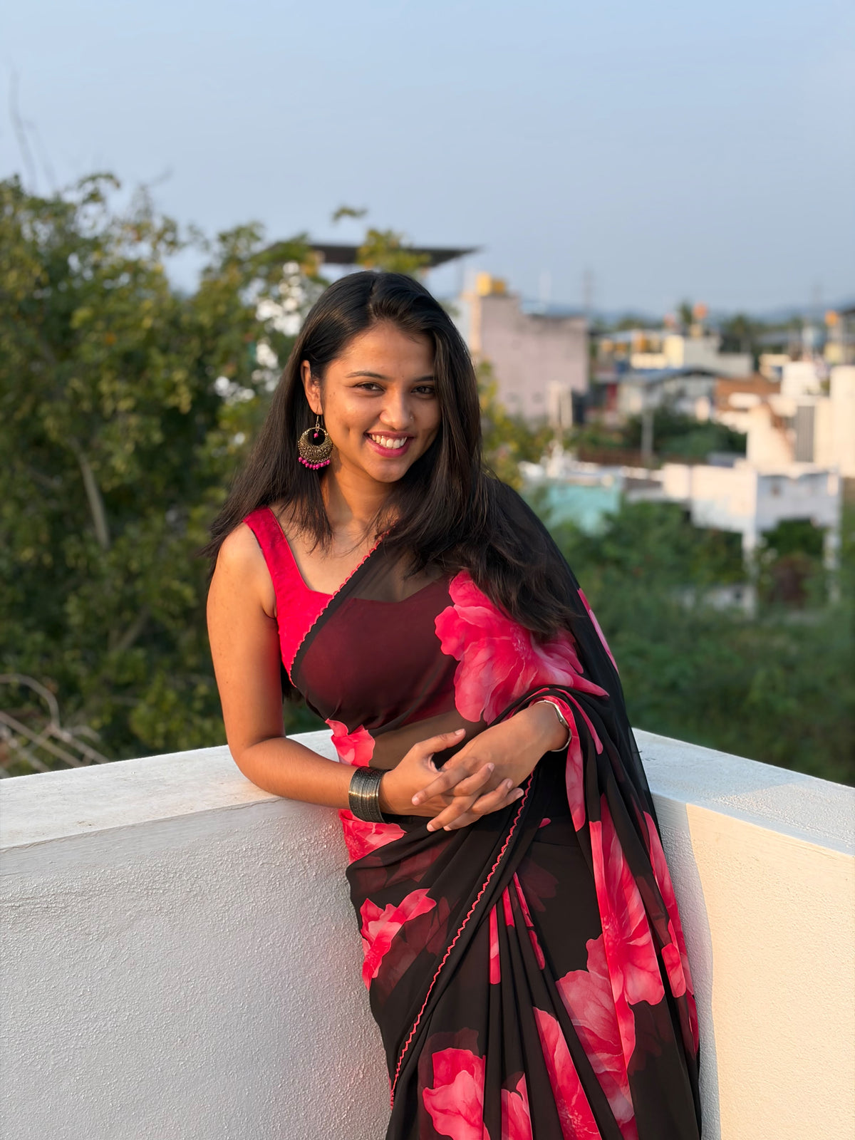 Trending Fancy Chiffon Saree with Black and Pink