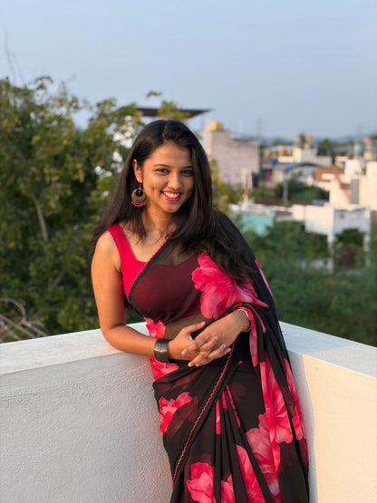 Trending Fancy Chiffon Saree with Black and Pink