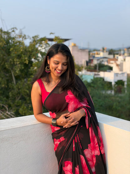 Trending Fancy Chiffon Saree with Black and Pink