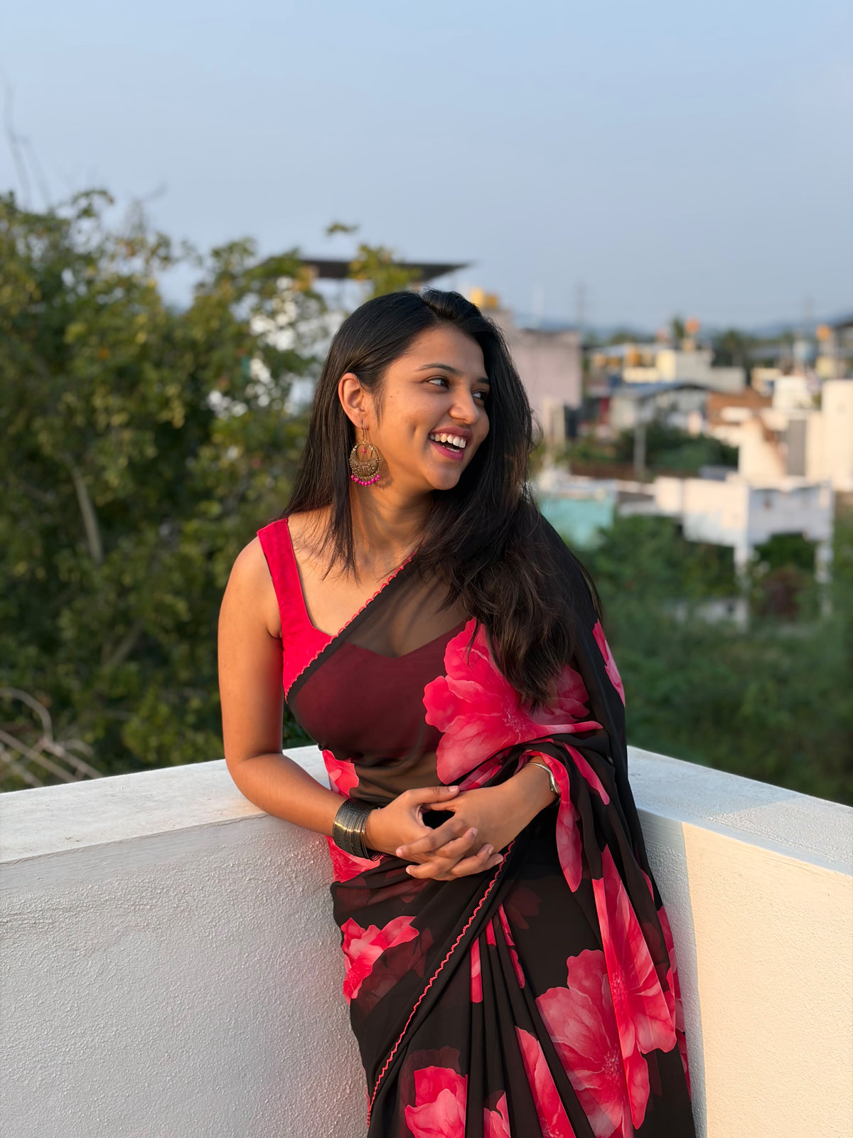 Trending Fancy Chiffon Saree with Black and Pink