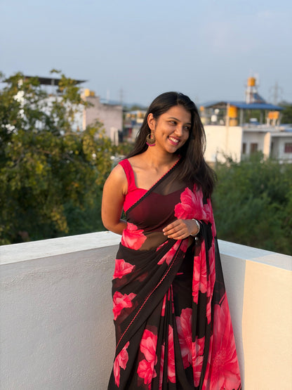 Trending Fancy Chiffon Saree with Black and Pink