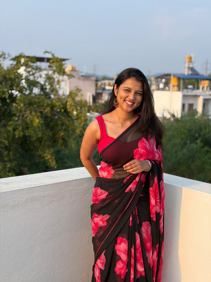 Trending Fancy Chiffon Saree with Black and Pink