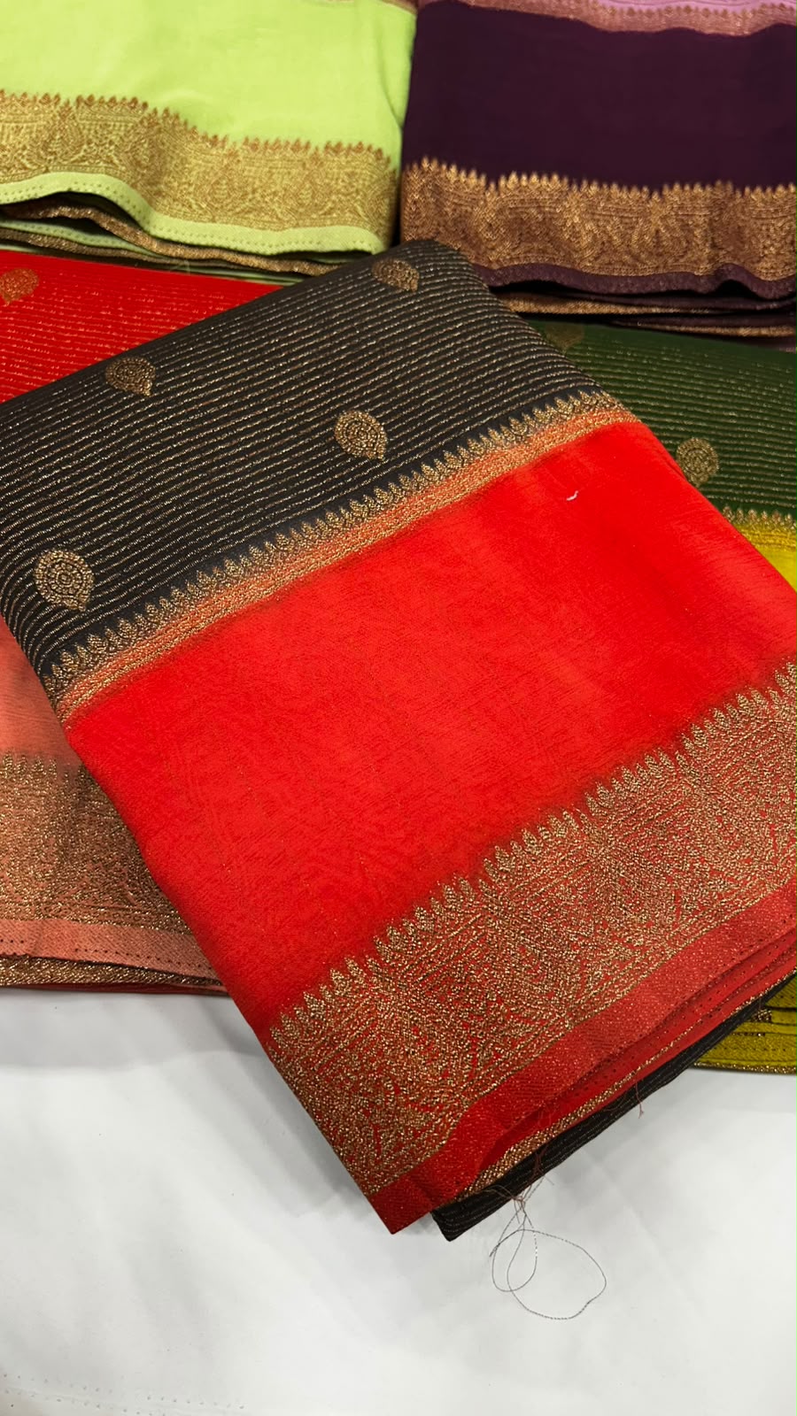 Premium Semi Banarasi Kaddi Georgette Sarees with stripes and Bentex Border