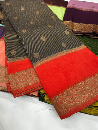Premium Semi Banarasi Kaddi Georgette Sarees with stripes and Bentex Border