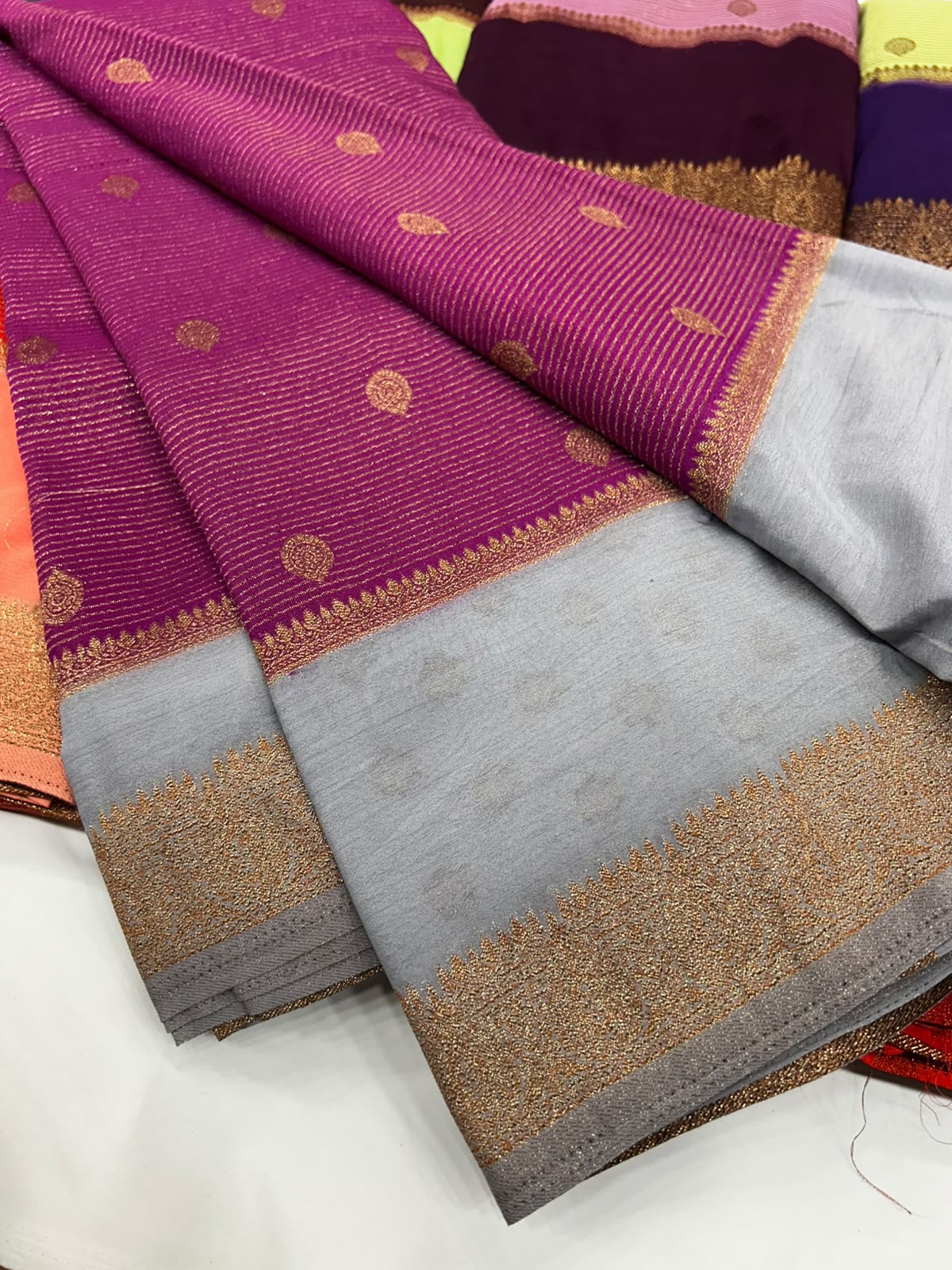 Premium Semi Banarasi Kaddi Georgette Sarees with stripes and Bentex Border