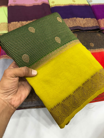 Premium Semi Banarasi Kaddi Georgette Sarees with stripes and Bentex Border