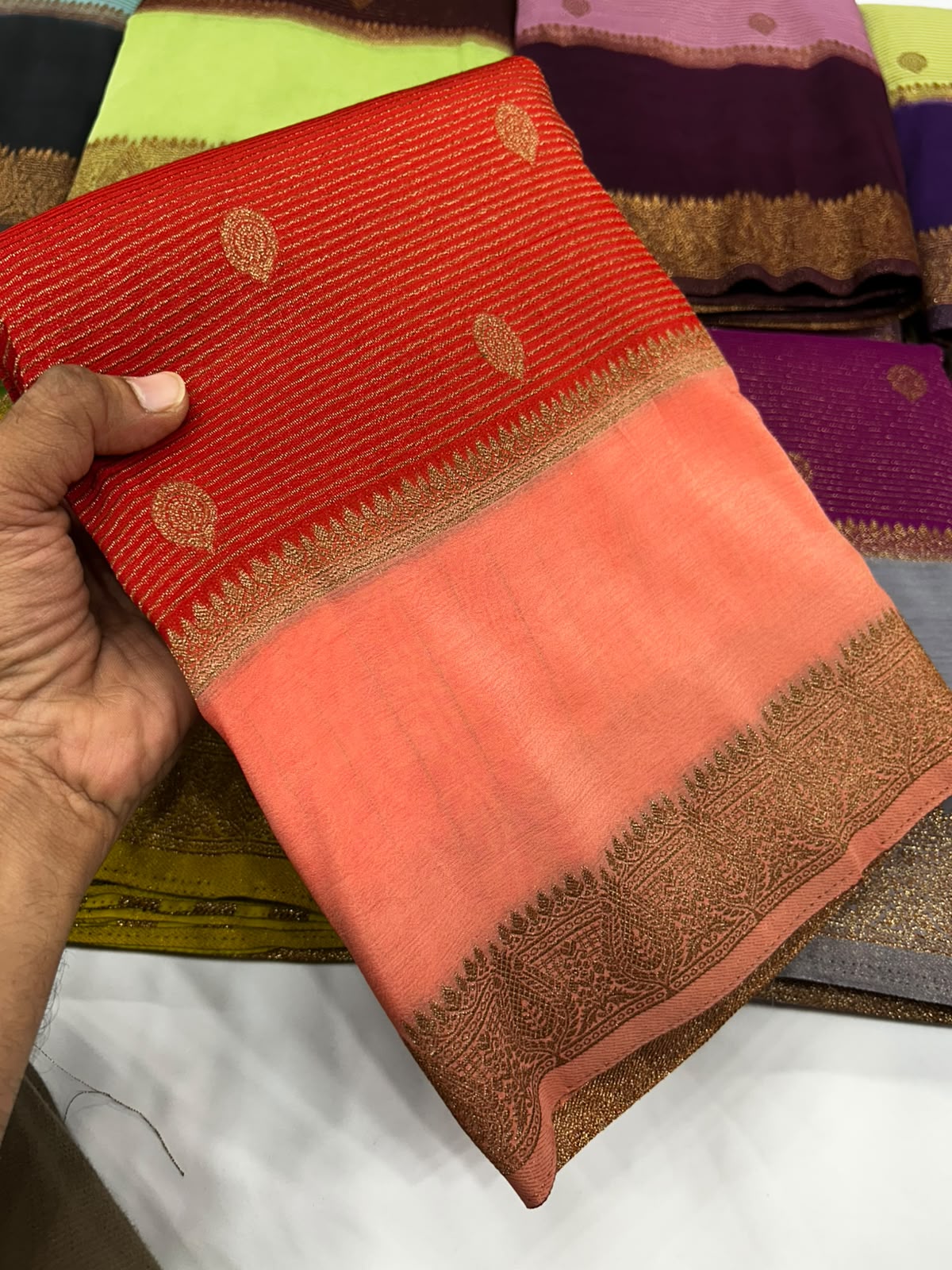 Premium Semi Banarasi Kaddi Georgette Sarees with stripes and Bentex Border