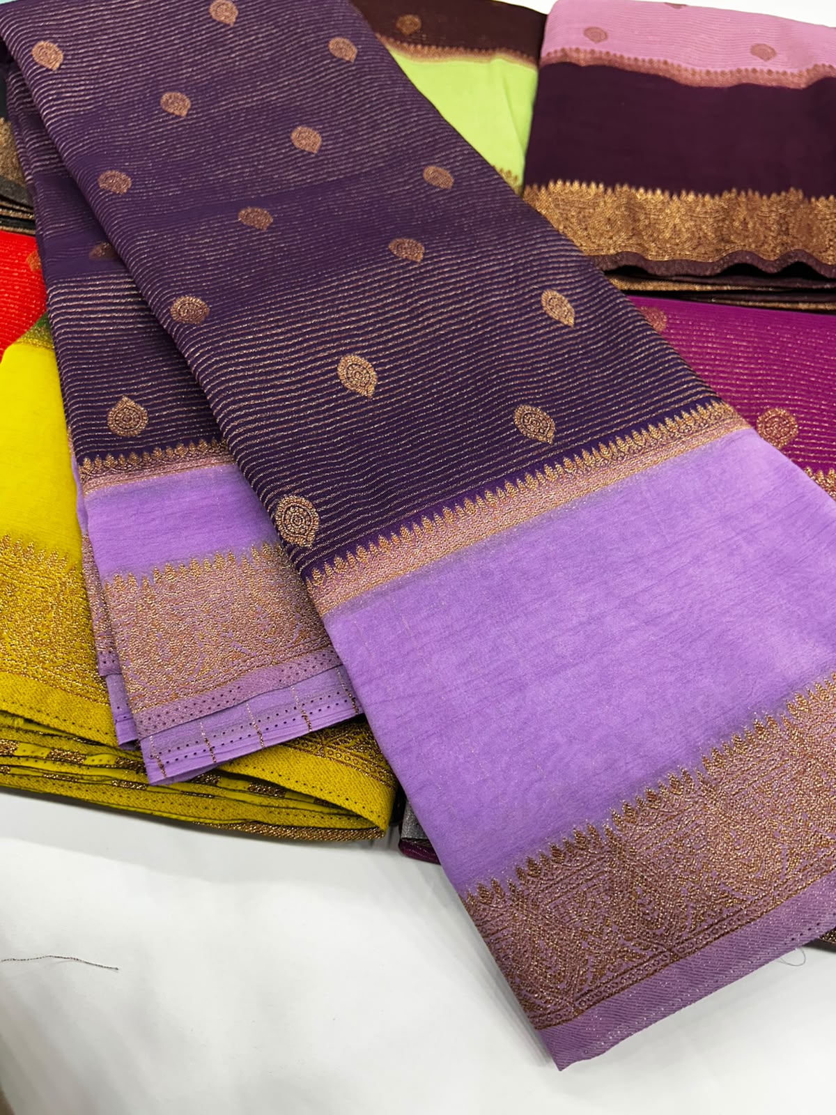 Premium Semi Banarasi Kaddi Georgette Sarees with stripes and Bentex Border