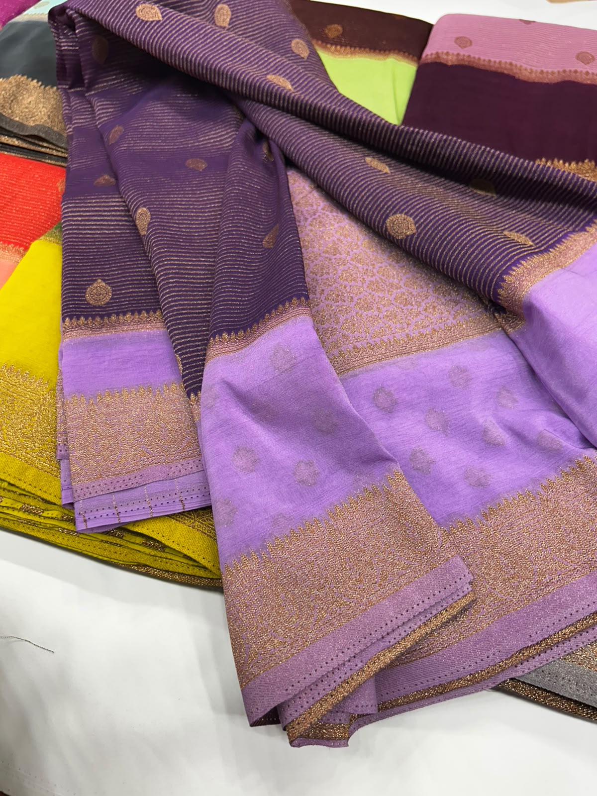 Premium Semi Banarasi Kaddi Georgette Sarees with stripes and Bentex Border