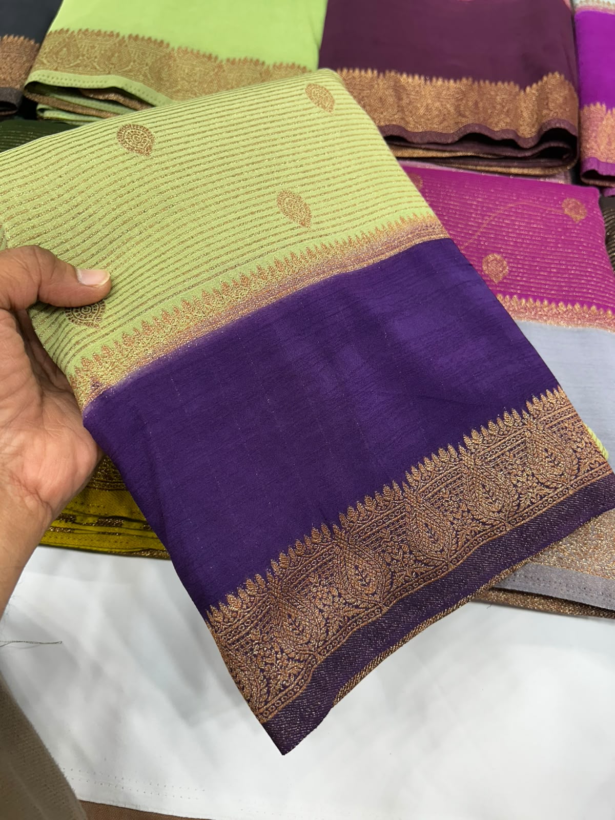 Premium Semi Banarasi Kaddi Georgette Sarees with stripes and Bentex Border