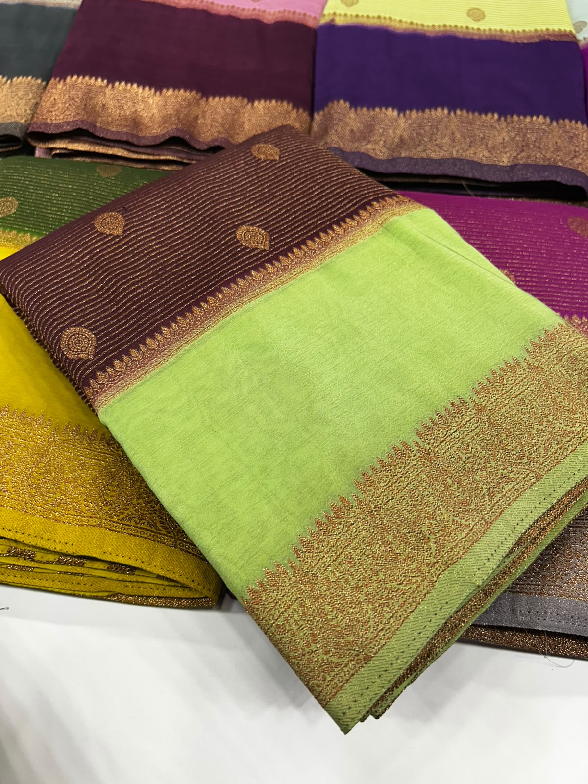 Premium Semi Banarasi Kaddi Georgette Sarees with stripes and Bentex Border