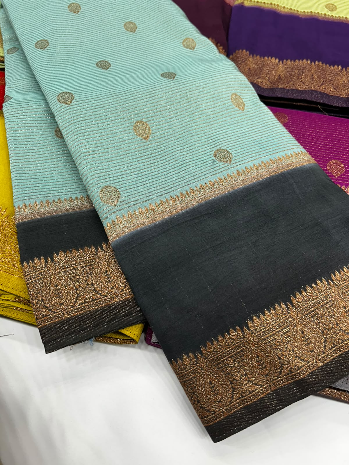 Premium Semi Banarasi Kaddi Georgette Sarees with stripes and Bentex Border