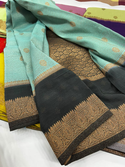 Premium Semi Banarasi Kaddi Georgette Sarees with stripes and Bentex Border