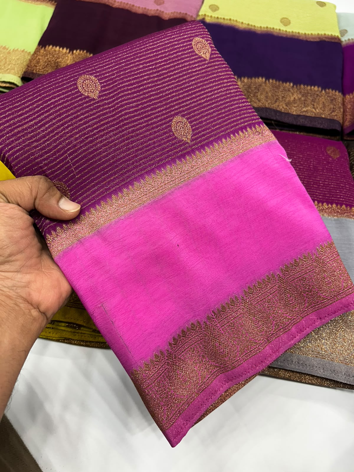 Premium Semi Banarasi Kaddi Georgette Sarees with stripes and Bentex Border