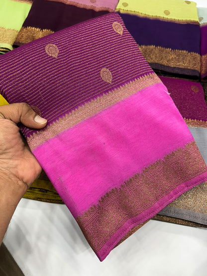 Premium Semi Banarasi Kaddi Georgette Sarees with stripes and Bentex Border
