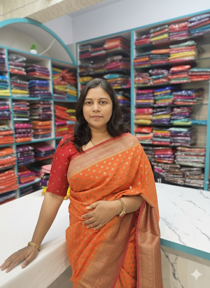 Khaddi Georgette New Design Orange with Pink Border