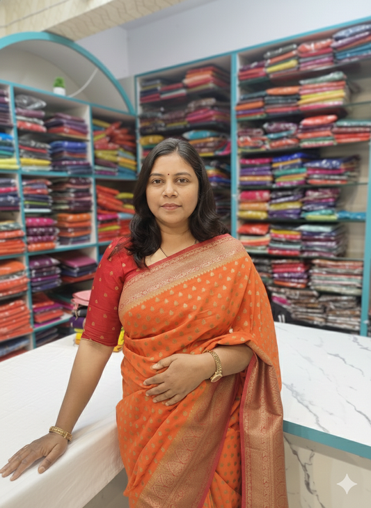 Khaddi Georgette New Design Orange with Pink Border