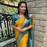 Premium Kubera Pattu Soft Silk Saree With Yellow and Sapphire Blue Color