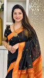 Kalyani Cotton Saree With Black and Orange Color