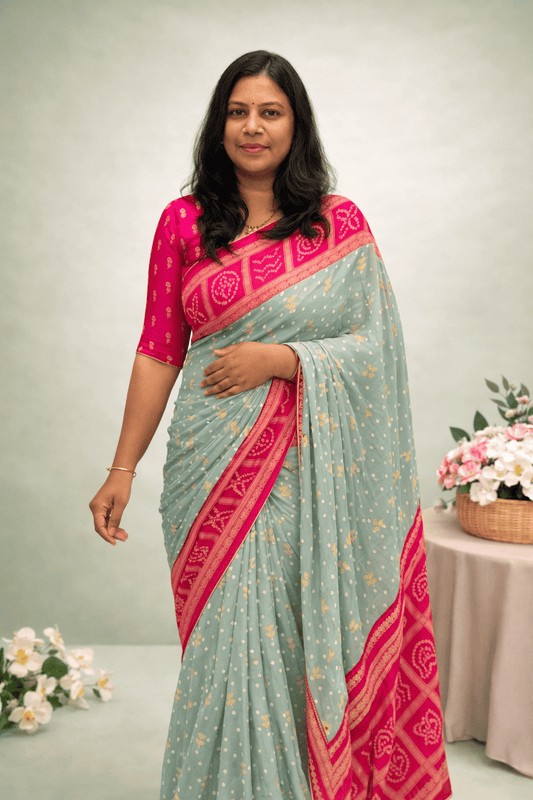 Premium Chiffon Fancy Saree with Bandini Blouse & Pallu