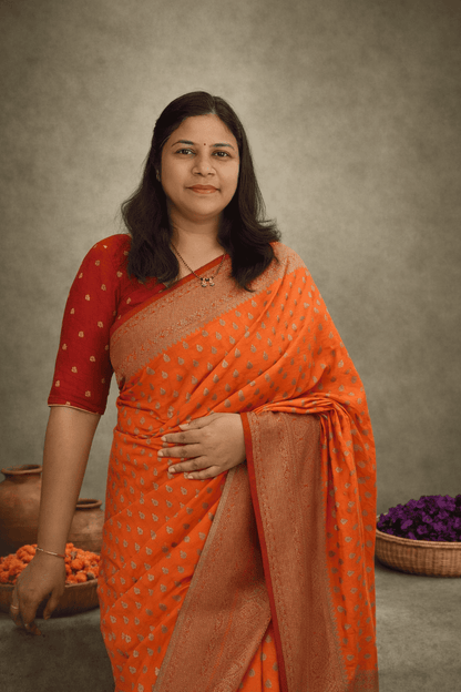 Khaddi Georgette New Design Orange with Pink Border