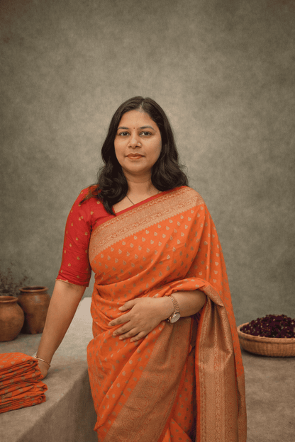 Khaddi Georgette New Design Orange with Pink Border