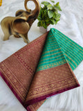 Premium Banarasi Hastakala Cotton Silk Sarees Green Color and Maroon