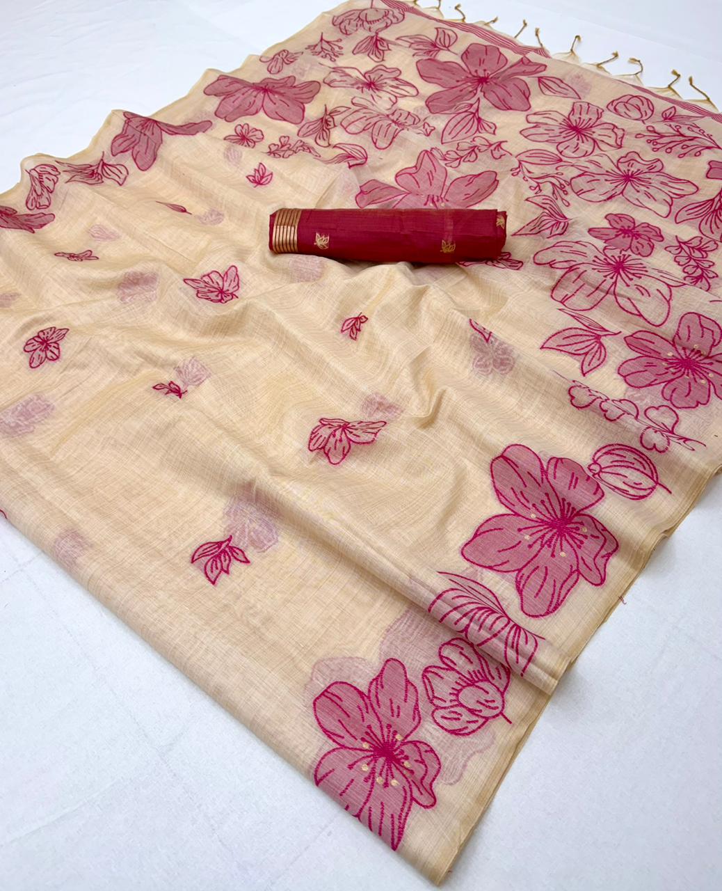 Borderless Cotton Flower Saree