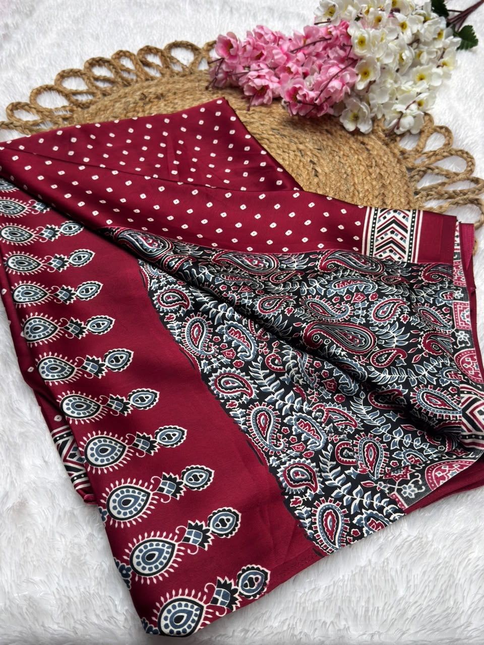 Semi Modal Silk Ajrak Print Pallu