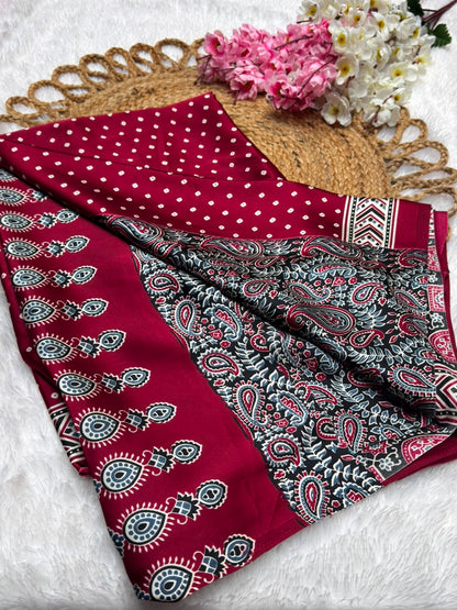 Semi Modal Silk Ajrak Print Pallu