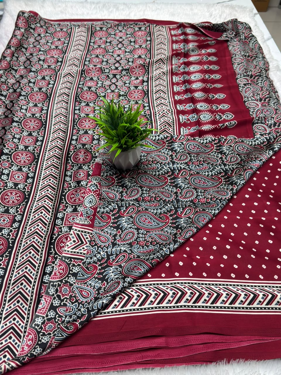 Semi Modal Silk Ajrak Print Pallu