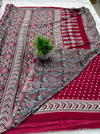 Semi Modal Silk Ajrak Print Pallu