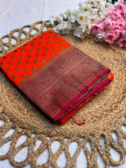 Khaddi Georgette New Design Orange with Pink Border