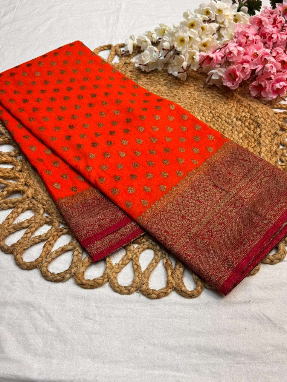 Khaddi Georgette New Design Orange with Pink Border