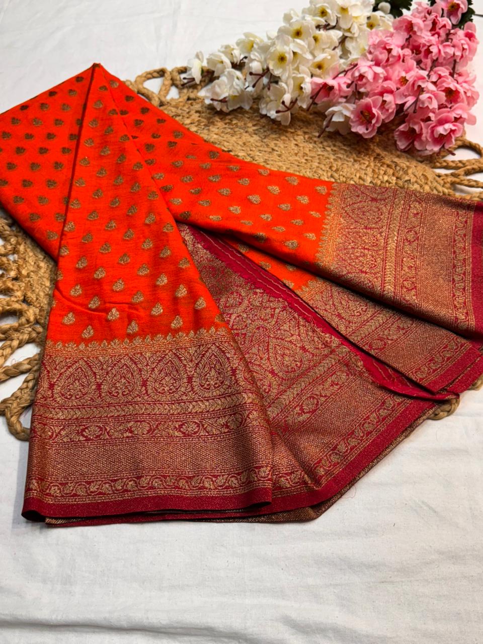 Khaddi Georgette New Design Orange with Pink Border