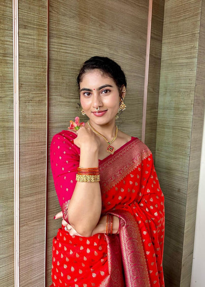 Premium Semi Khaddi Georgette and Orange with Pink Border