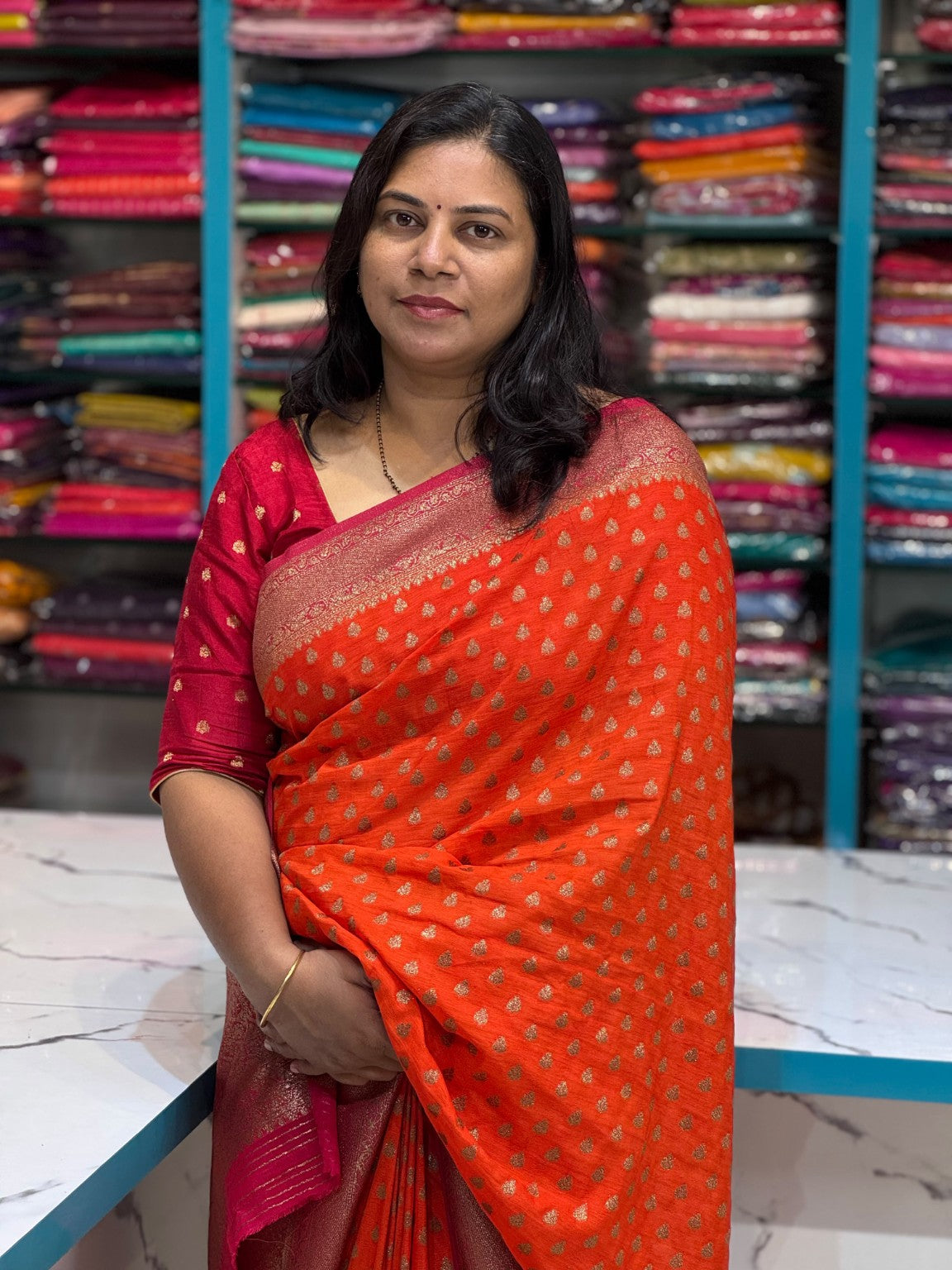 Khaddi Georgette New Design Orange with Pink Border