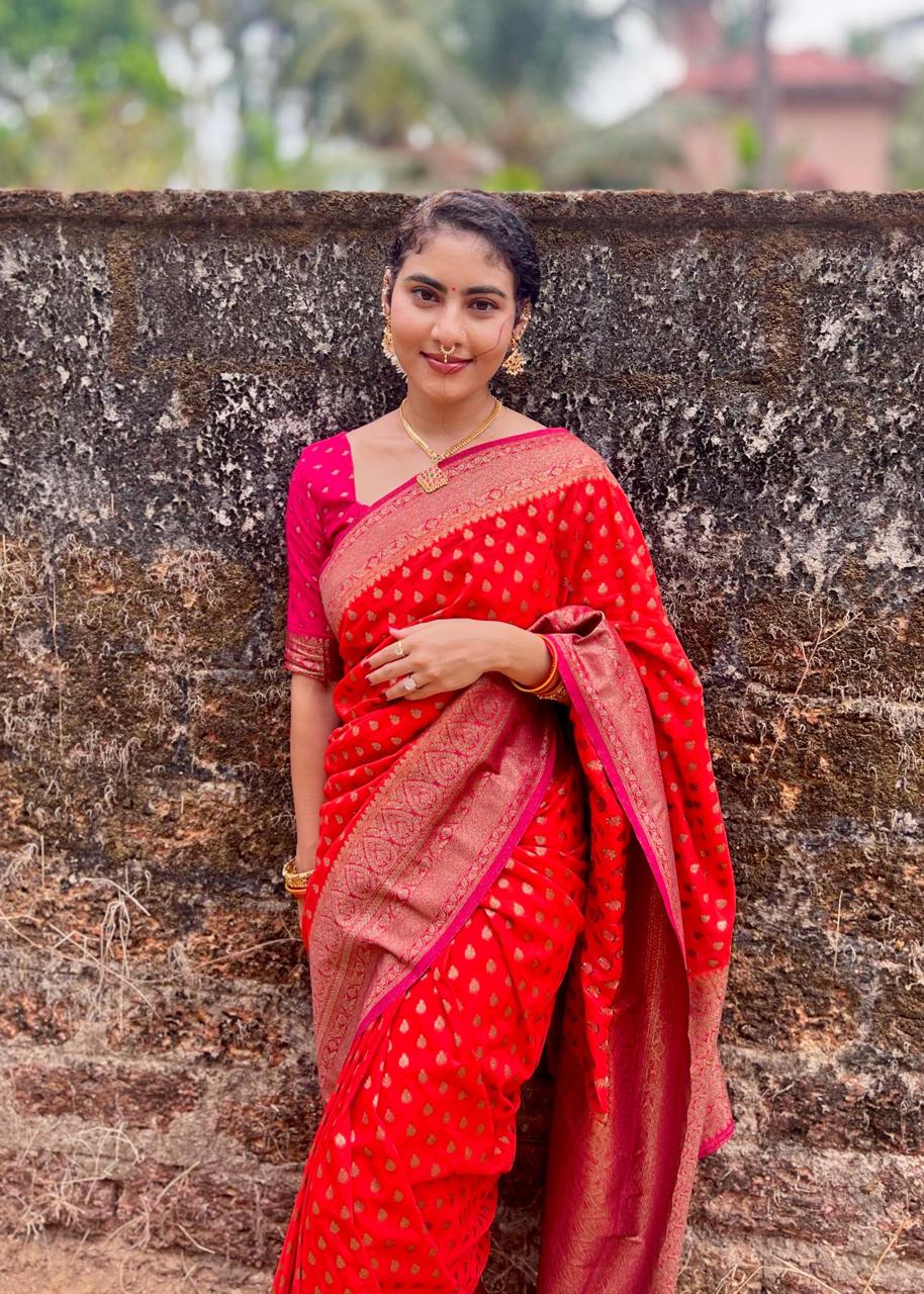 Premium Semi Khaddi Georgette and Orange with Pink Border