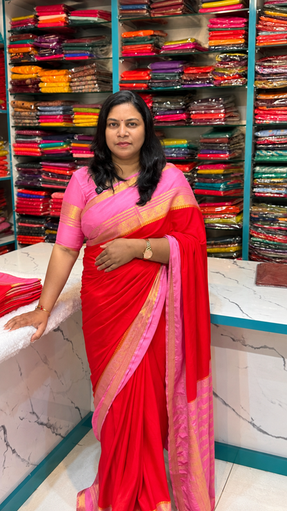 Premium Semi Mysore Crepe Red with pink