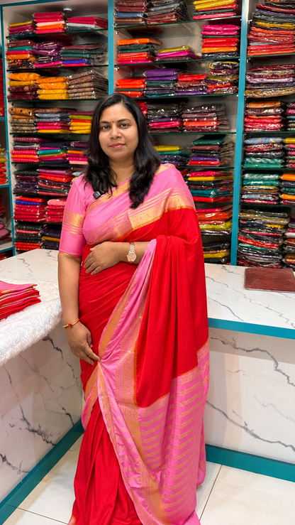 Premium Semi Mysore Crepe Red with pink