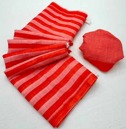 Soft Cotton Based Lenin with Zari Border and Fancy Tassels