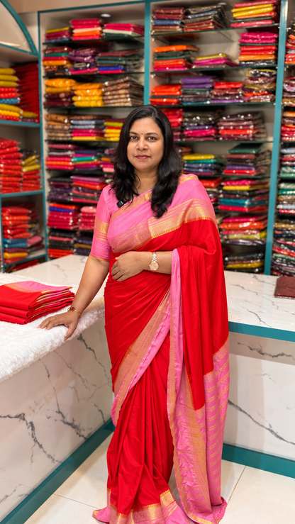 Premium Semi Mysore Crepe Red with pink