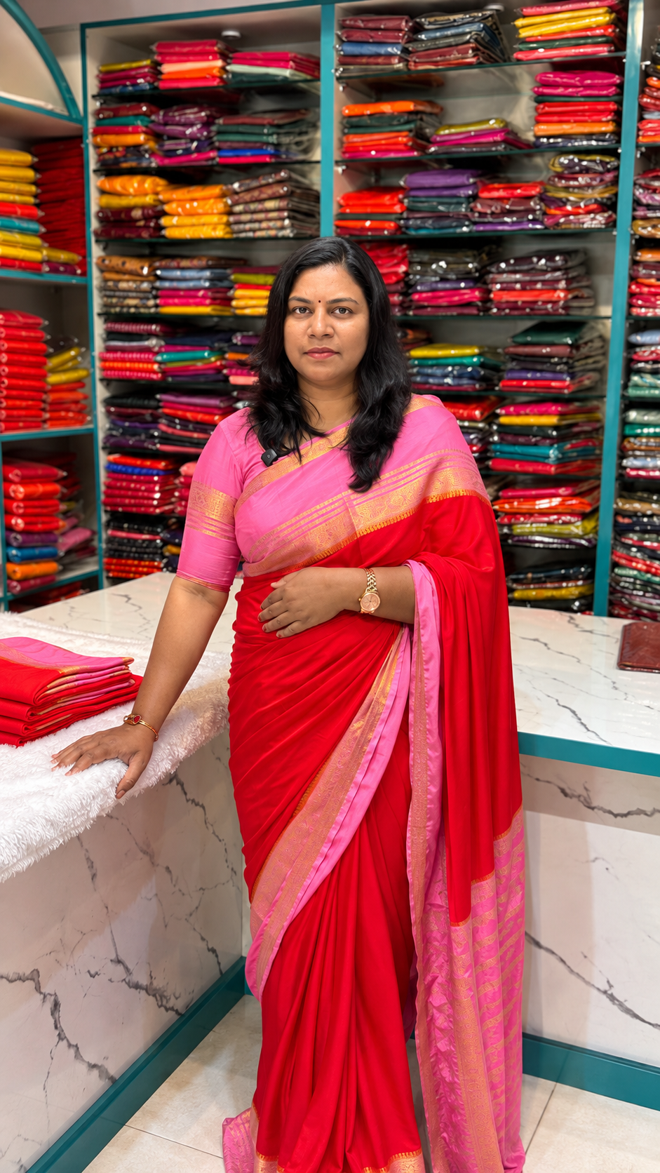 Premium Semi Mysore Crepe Red with pink