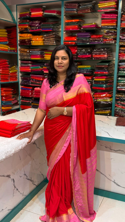 Premium Semi Mysore Crepe Red with pink