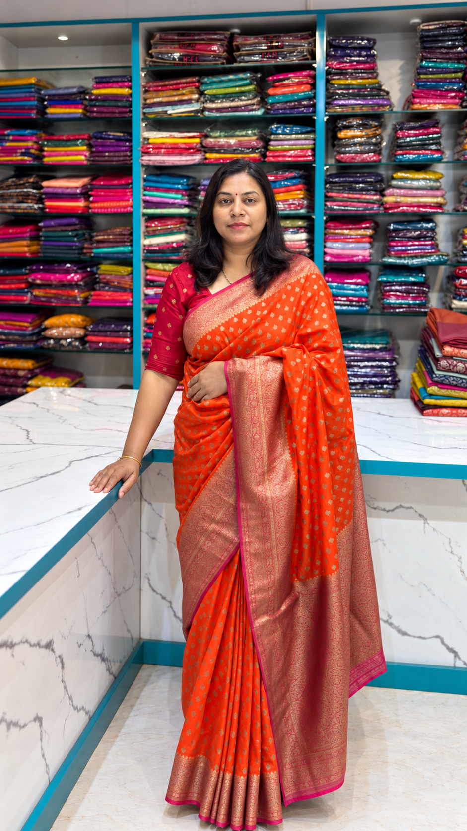 Khaddi Georgette New Design Orange with Pink Border