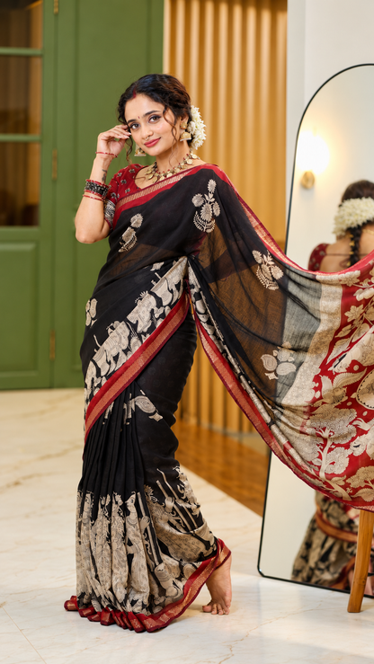 Mul Chanderi Kalamkari Design with Mirror Work